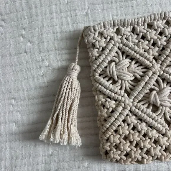 Boho Crochet Cream Macramé Clutch Bag Festival Zipper Purse Summer - Picture 9 of 13